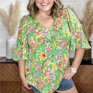 Floral V-Neck Blouse in Green